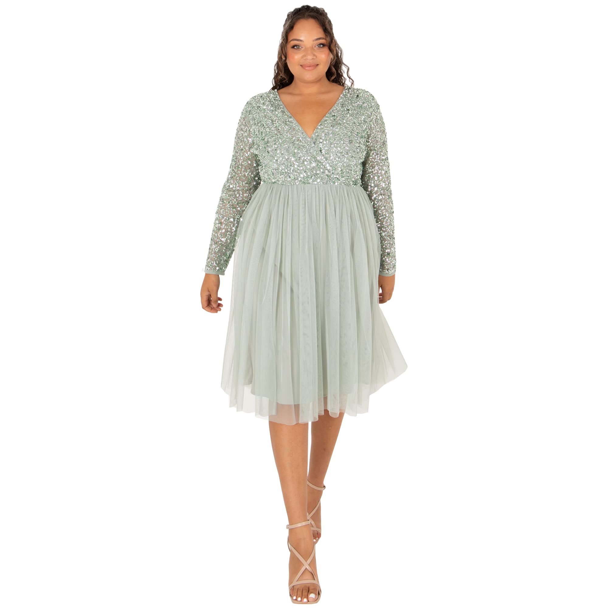 Maya Deluxe Women's Maya Faux Warp Front Embellished Midi Bridesmaid Dress