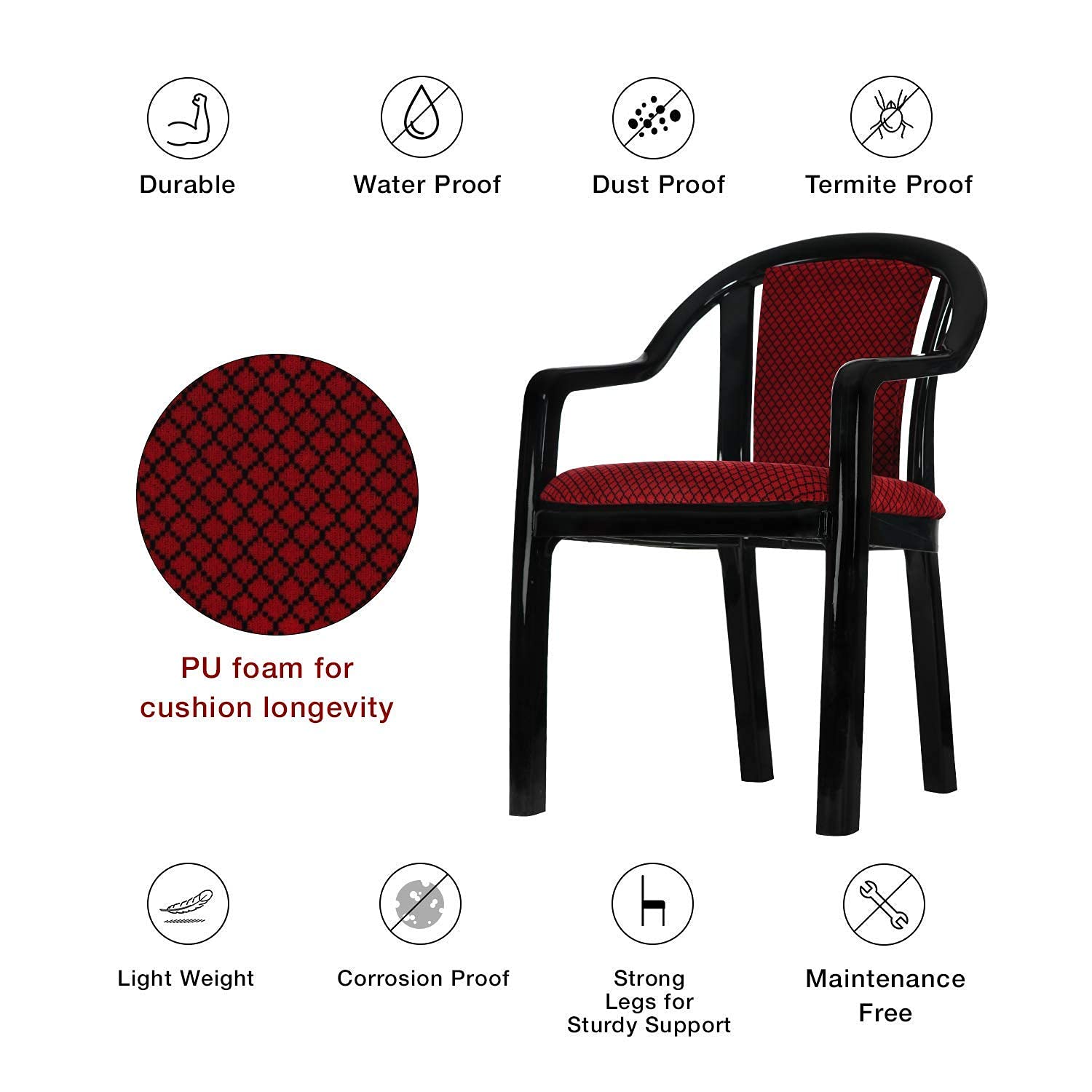 HomiQ Supreme Ornate Lacquered Finish Plastic Chair with Cushion for Office, Living Room, Home(Color: Red/Black, Set of 4) 3
