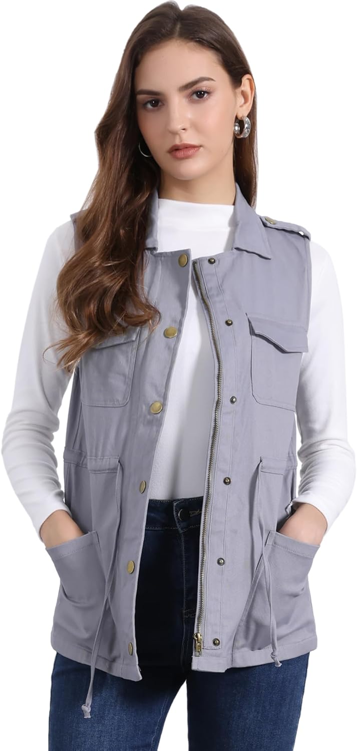 Allegra K Women's Zip Up Sleeveless Jacket Utility Anorak Outwear Cargo Vest