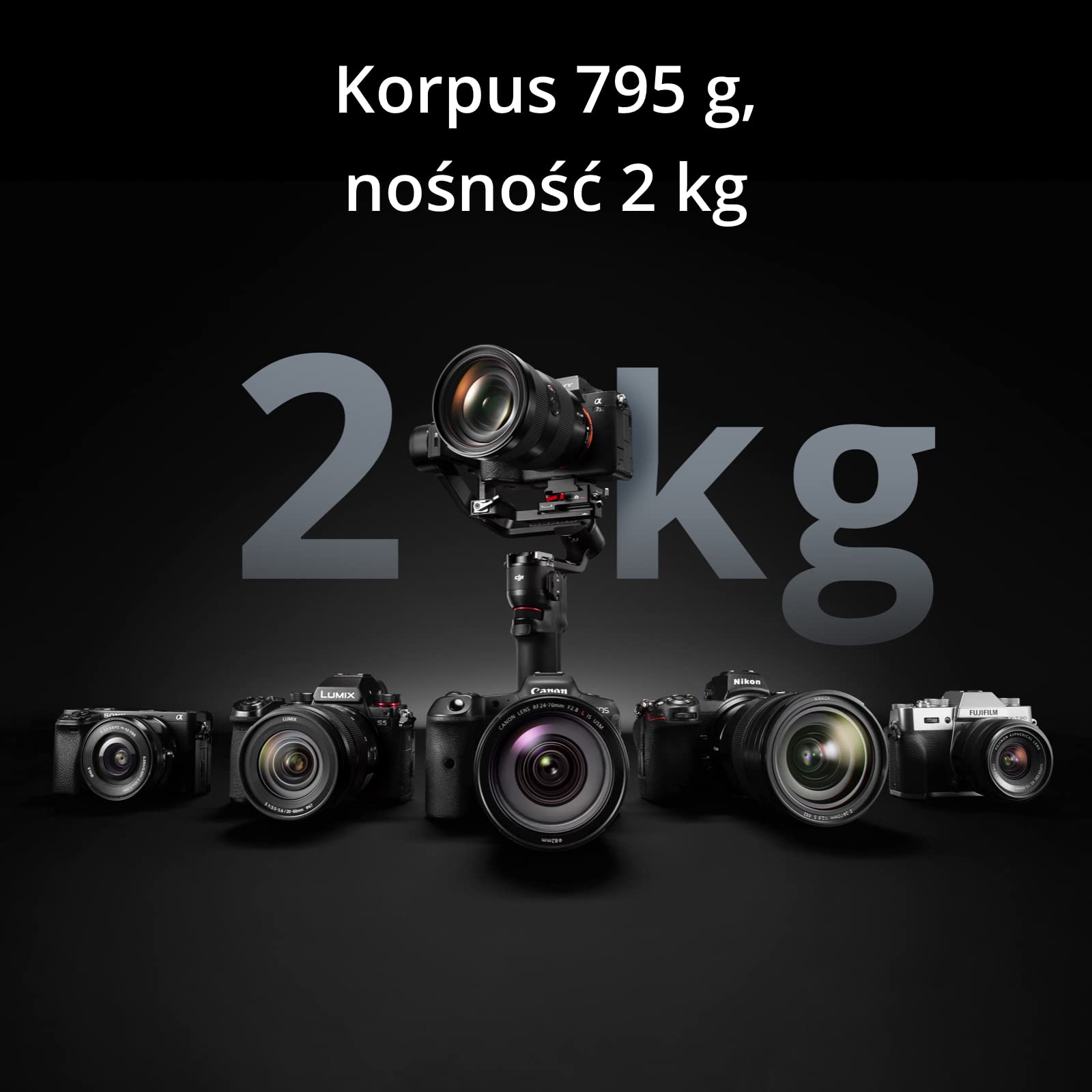 DJI RS 3 Mini, stabilizator gimbal do aparatu, Canon/Sony/Nikon/Fujifilm | przetestowana nośność 2 kg, natywne ujęcia pionowe, sterowanie migawką Bluetooth, Stabilizacja RS 3. generacji, 795g