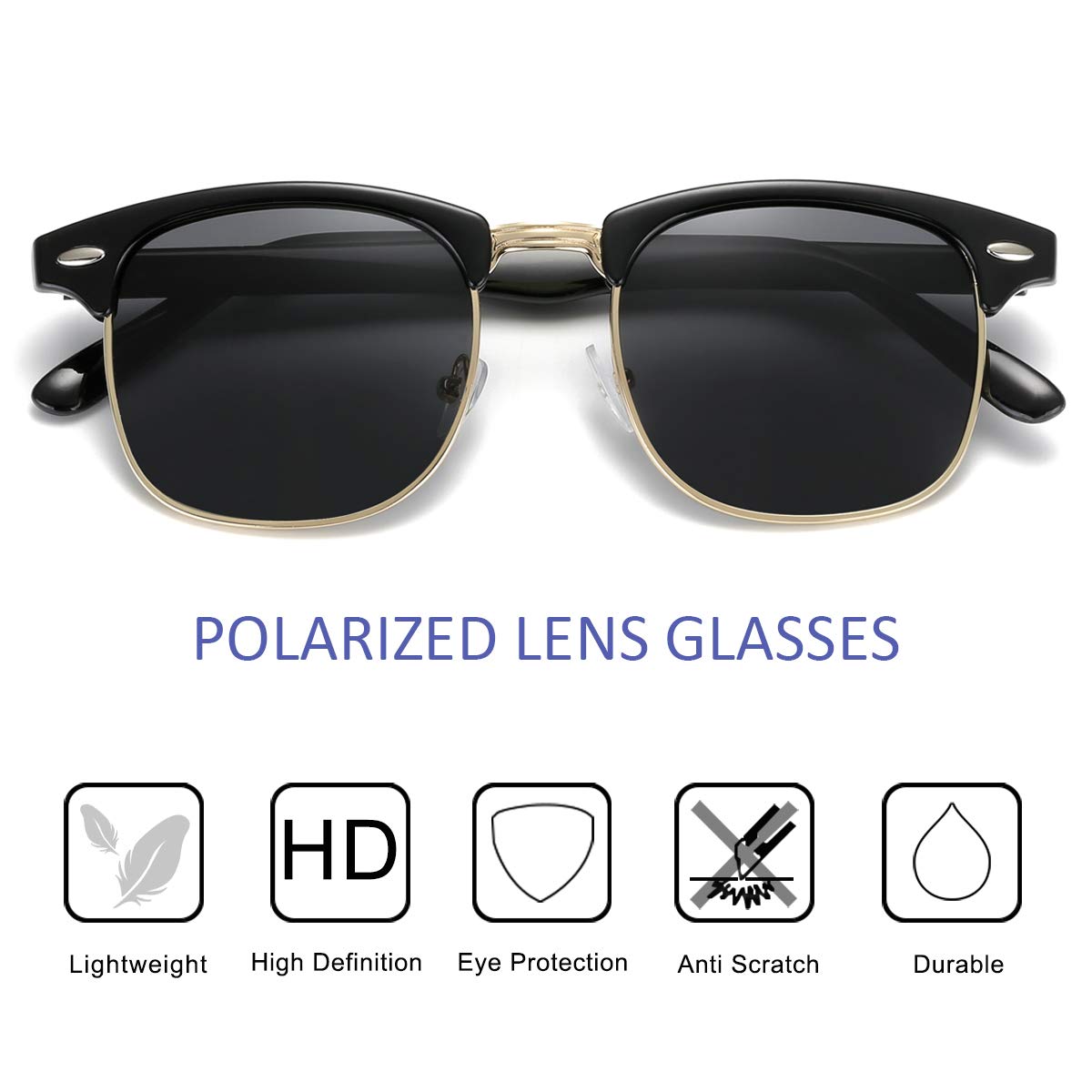 Gafas de sol retro semi sin montura con medio marco UV400 para hombres y mujeres, Negro - 3
