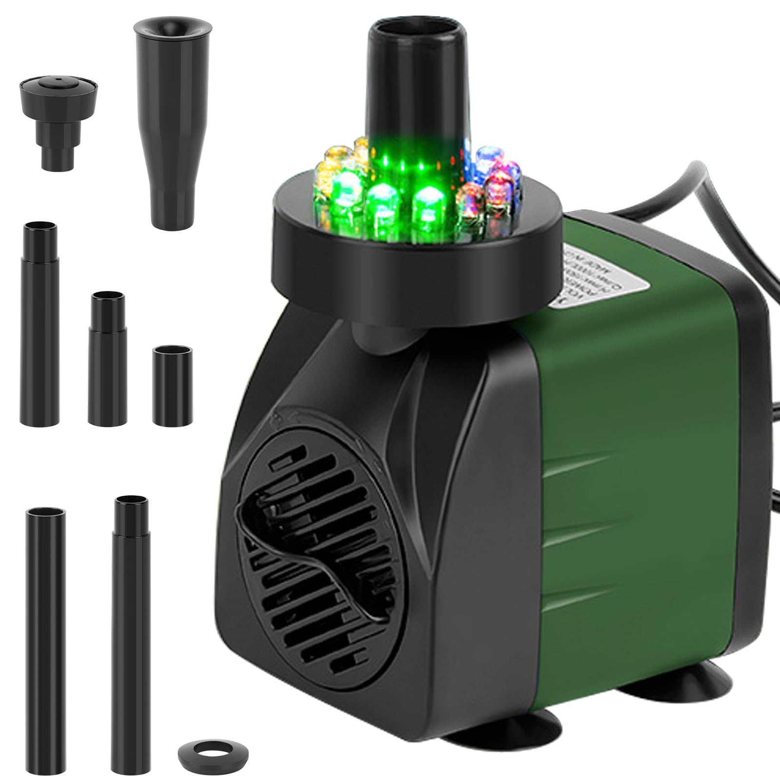 256GPH Submersible Pond Fountain Pump with LED Light, 15W 7.2ft Water Pump,Aquarium Pump with 3 Nozzles,Fountains Pump for Small Ponds,Garden,