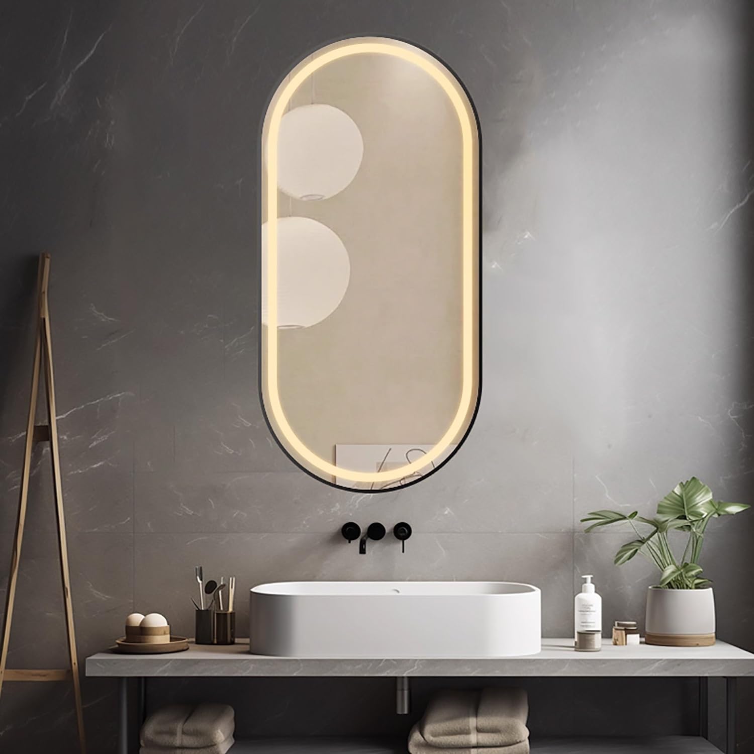 SXFSDOU Illuminated Oval Wall Mirror with AntiFog Touch Control Adjustable 3Color Lighting Black Frame Perfect for Bathroom Bedroom and Makeup (80x130 cm)
