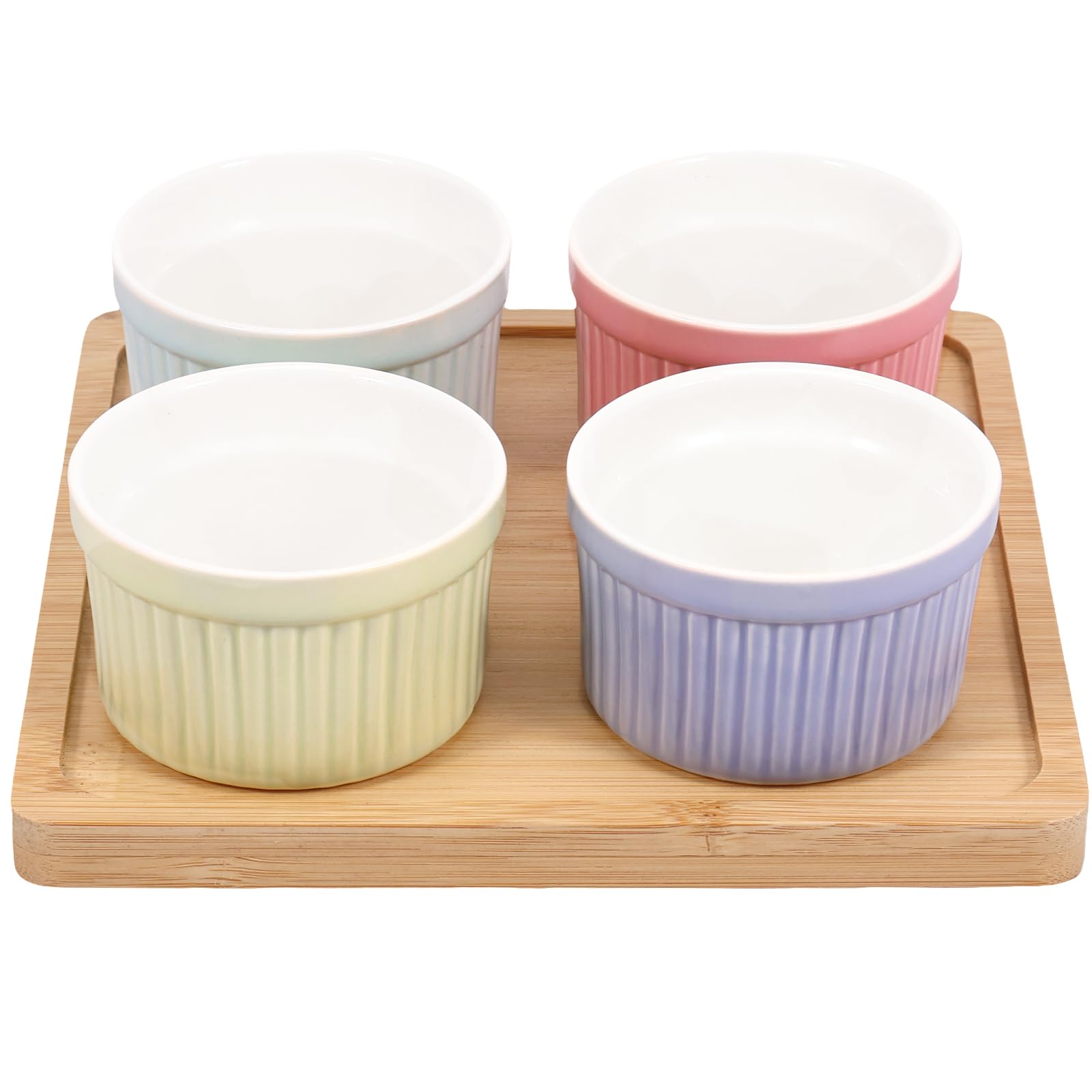 Juego de 4 moldes de cerámica for ramequines con bandeja de 4 oz for horno, cuencos pequeños for hornear, moldes apilables for crema brûlée y natillas