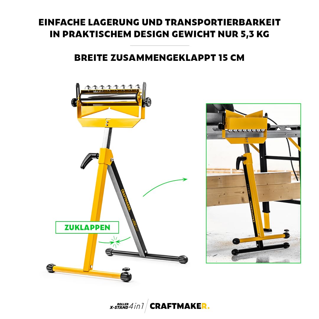 CRAFTMAKER 4-in-1 Rollenbock Höhenverstellbar - Rollbock & Rollenständer für Kappsägen und Tischkreissägen, mit Rollen-, Kugel-, Flach- & V-Auflage, klappbar 71–115 cm, bis 100 kg