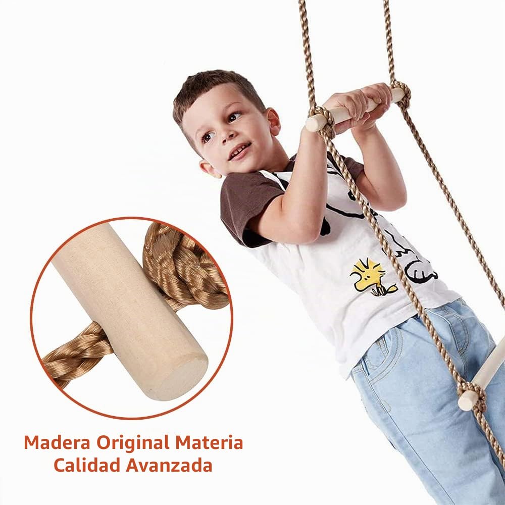 Barra de Columpio Trapecio de Madera para Árbol - Exterior con Anillos para Niños