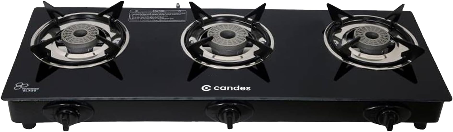 Candes Gas Stove 3 Burners Manual Ignition | 3 Burner Gas Stove with Premium Gas Saver Tornado Burners | 6mm Toughened Glass Gas Chulha 3 Burner | LPG Compatible | ISI Certified | 1 Yr Warranty