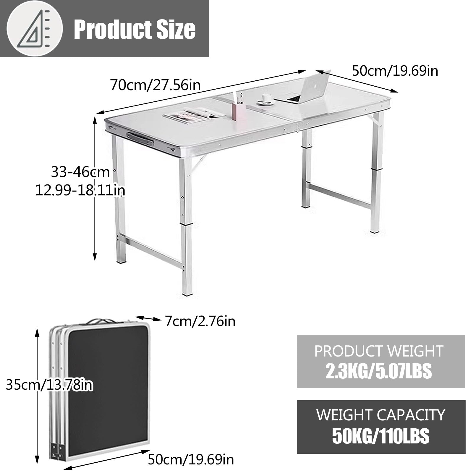 Regulowana wysokość przenośny aluminiowy składany stół na kemping na zewnątrz biuro przyjęcie piknik ślub - 70 x 50 cm biały łatwy do przenoszenia wszechstronne zastosowanie
