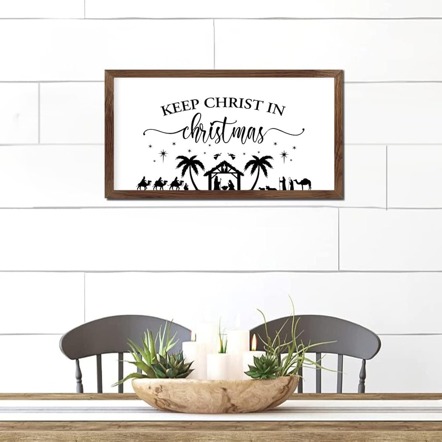 Rustic Style 12x22in Wooden Wall Art Sign with Life Positive Quote Nativity Scene Keep Christ in Christmas Scripture Verses Apricot Frame Wooden Plaque for Office Cottage Wall Decor Housewarming Gift