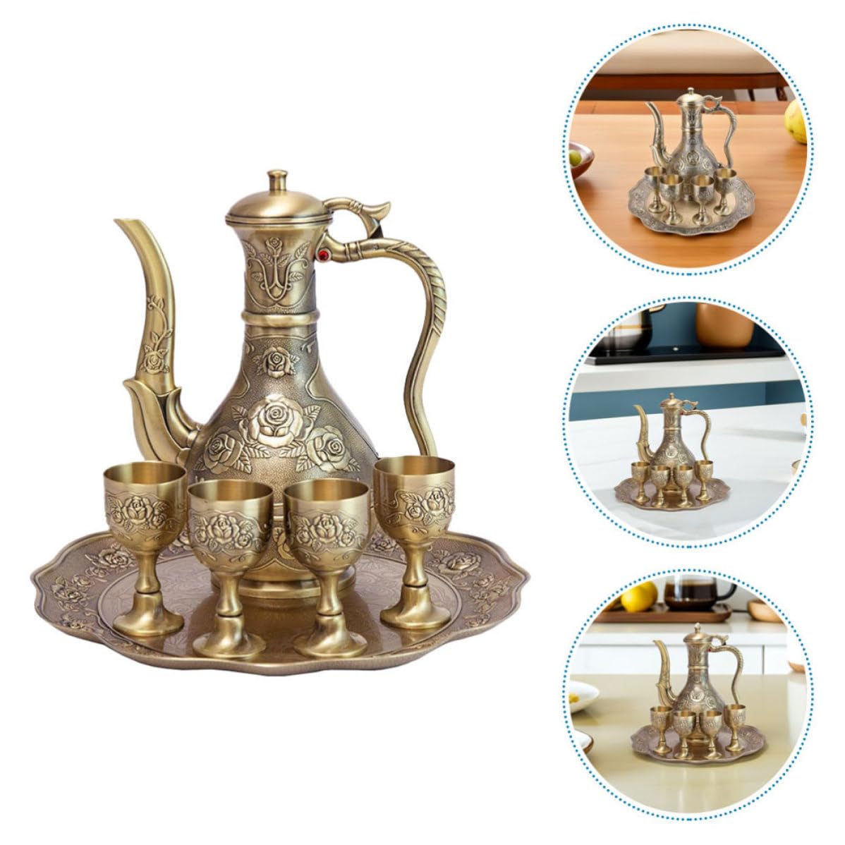 KICHOUSE Set da Liquori in Lega di Zinco con Design Vintage Elegante Oro, Include Caraffa, Bicchieri e Vassoio, Facile Manutenzione e Resistente allo Sbiadimento, per Feste e Matrimoni