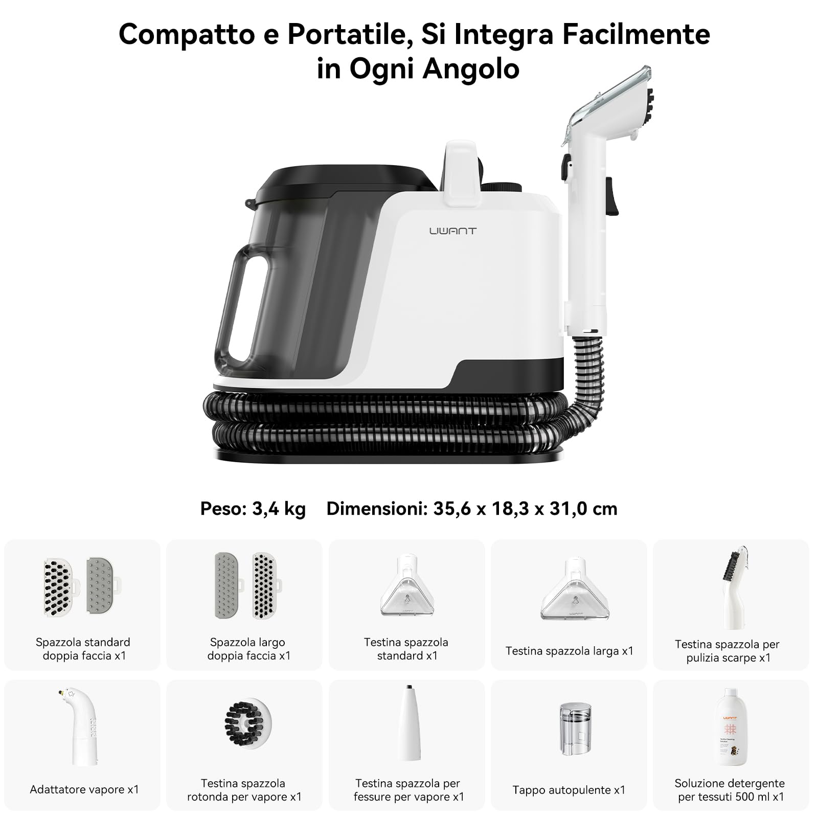 Uwant Lavatappeti Lava e Asciuga a Vapore Y100S 600W 18KPa, 3in1 Fredda/65℃ Calda/100℃ Vapore, Spazzole multiple Lava Divani/Tappeti/Auto/Cucina, 2.4L Serbatoio Auto-pulizia Portatile Lavatessuti