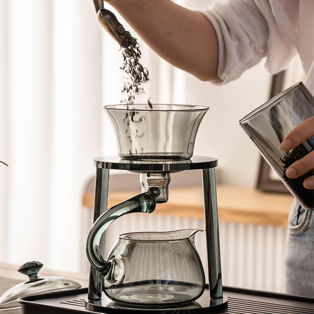 ZPGXLRZ Lazy Kungfu Glass Tea Set Semi Automatic Drip Rotating with Infuser Glass Magnetic Teapot Set (Grey)