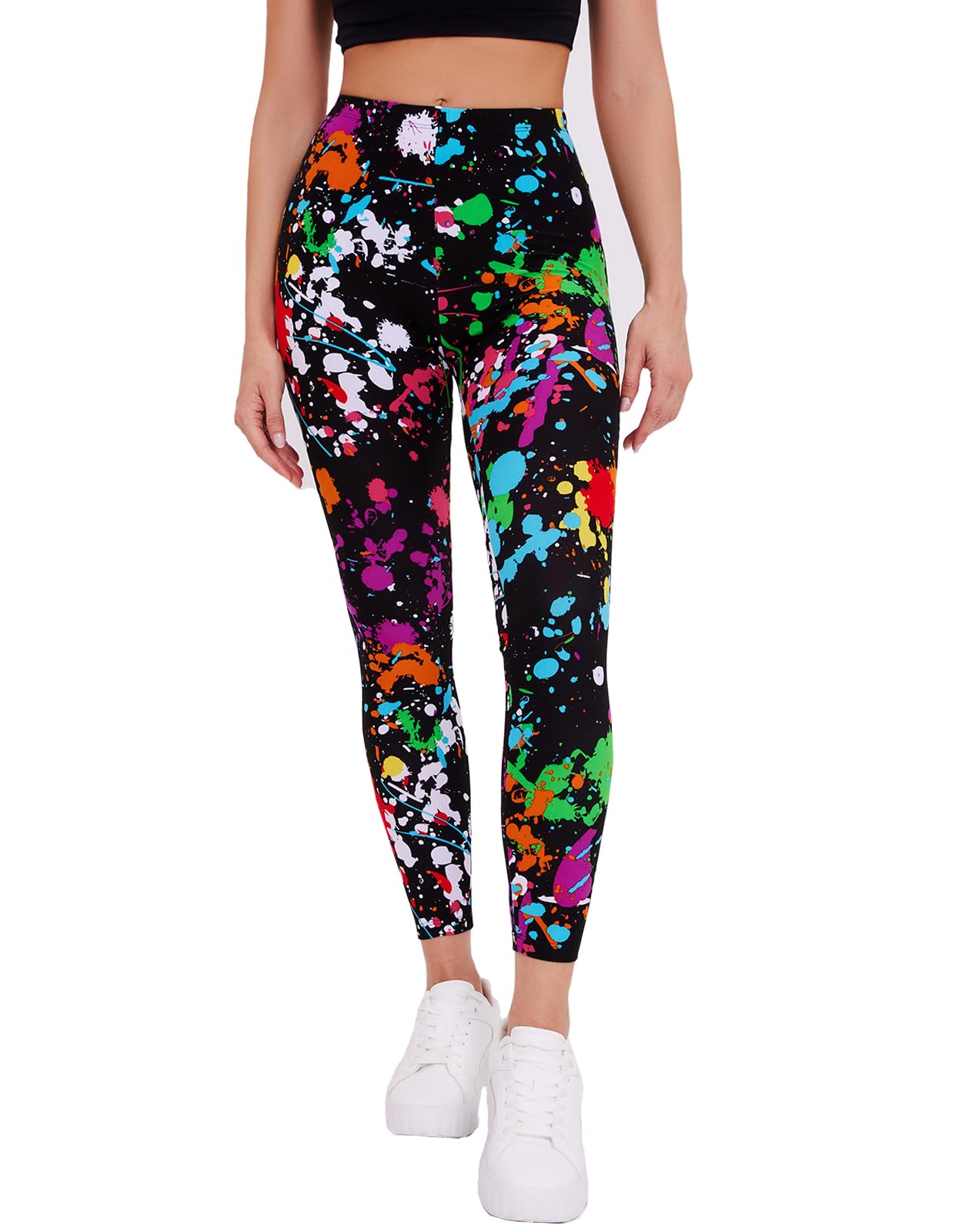 sissycos Women's 80s Leggings Neon Artistic Splash Printed Pants
