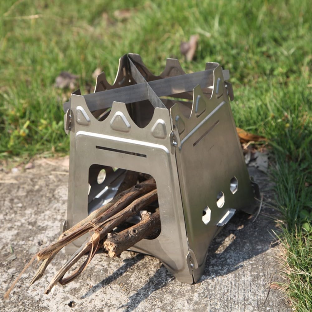 DAZZLEEX Réchaud à bois de titane pliable ultraléger avec plateau en acier inoxydable pour camping, randonnée, randonnée en plein air, brûleur de cuisine grande taille (L)