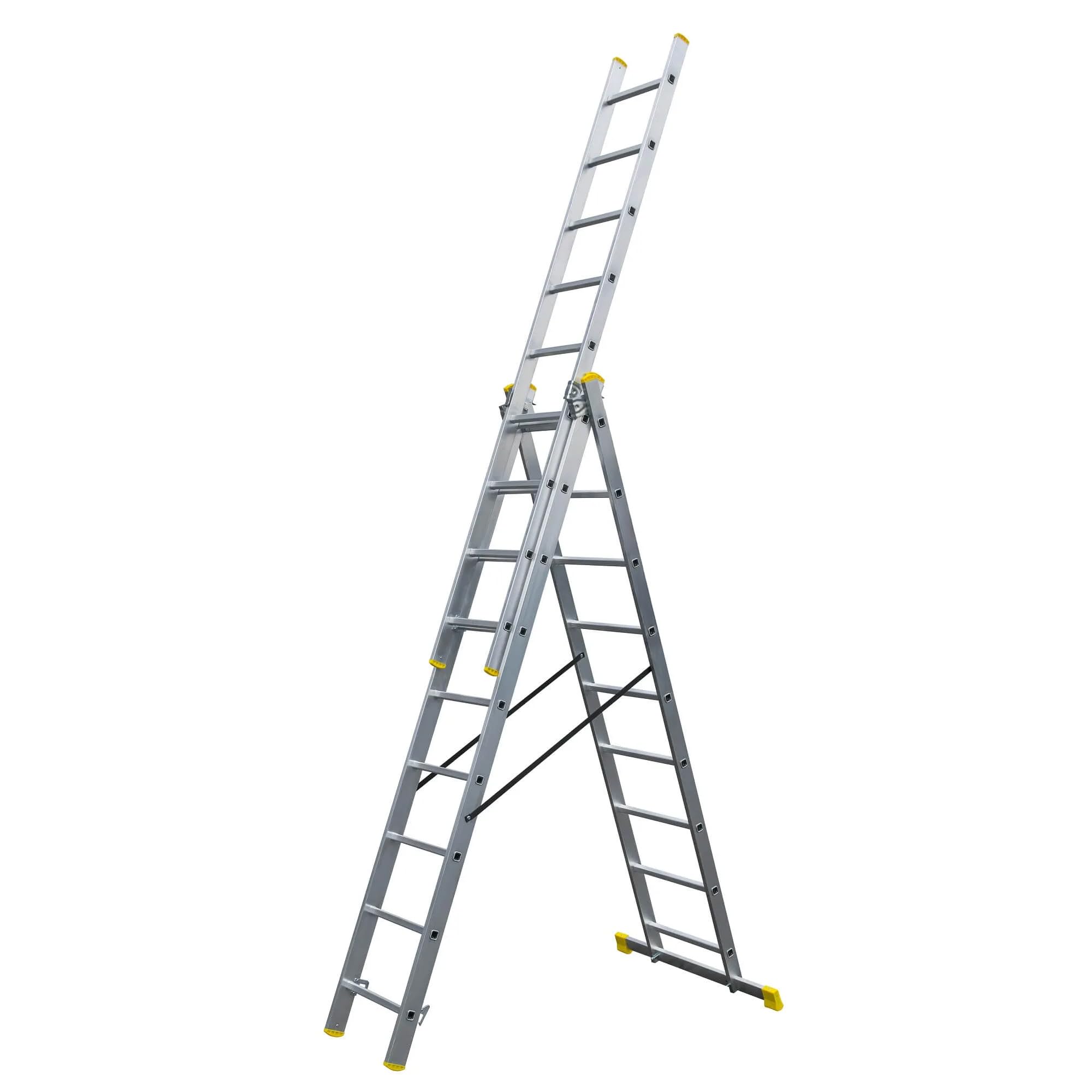 Bayersystem BS-DW 3x9 Mehrzweckleiter, 3x9 Sprossen, 3-teilige Alu-Kombileiter, bis 150 kg belastbar, max. Arbeitshöhe 6,01 m, Klappleiter, Multifunktionsleiter, Stehleiter, Silber/Gelb