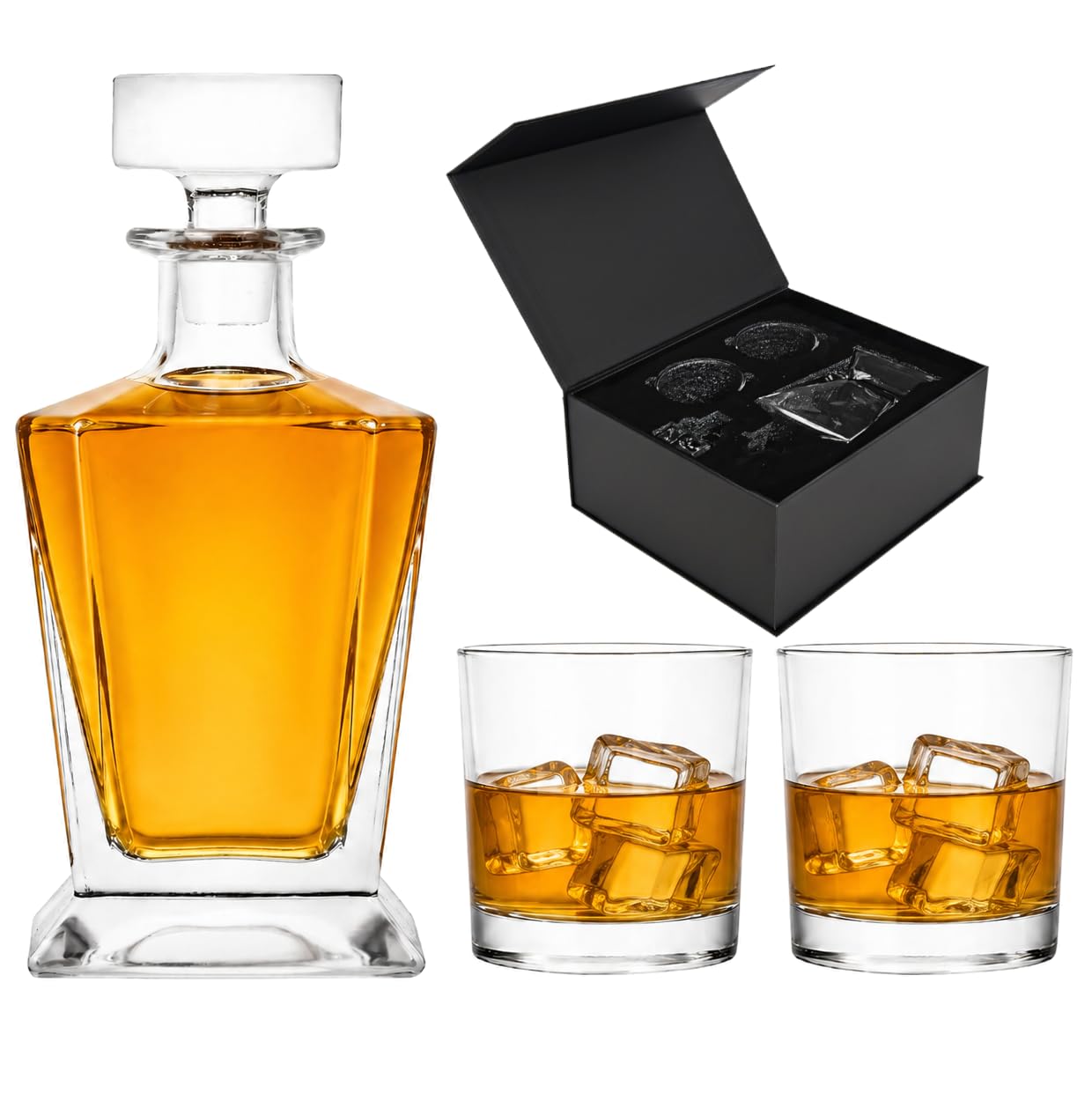 Glasmark Krosno 1992 Caraffa con Bicchieri 3 pezzi per Whisky e Distillati - Caraffa in Vetro 850 ml e 2 Bicchieri 300 ml - in Scatola Regalo Nera - Forma Moderna e Pulita