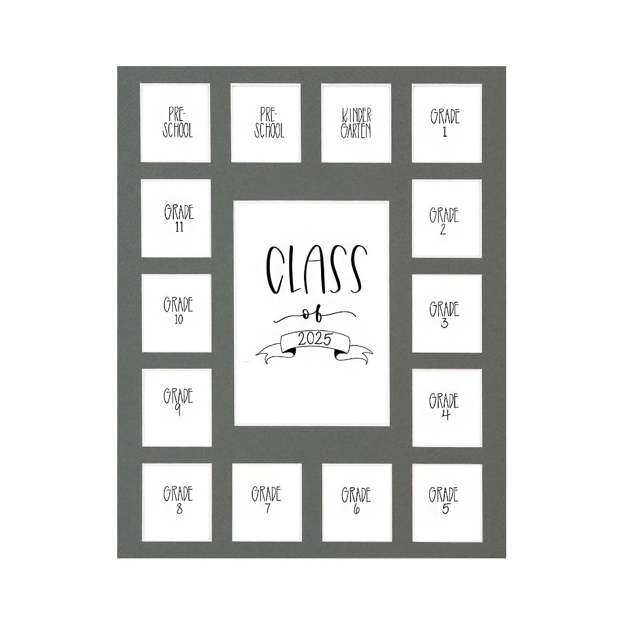 Rustic Red Door Co. Class of 2025 Photo Mat (11" x 14") Photo Collage Picture Frames Mat for School Pictures - No Frame Grey Photo Mat from Pre - K to Graduation (15 Photos)