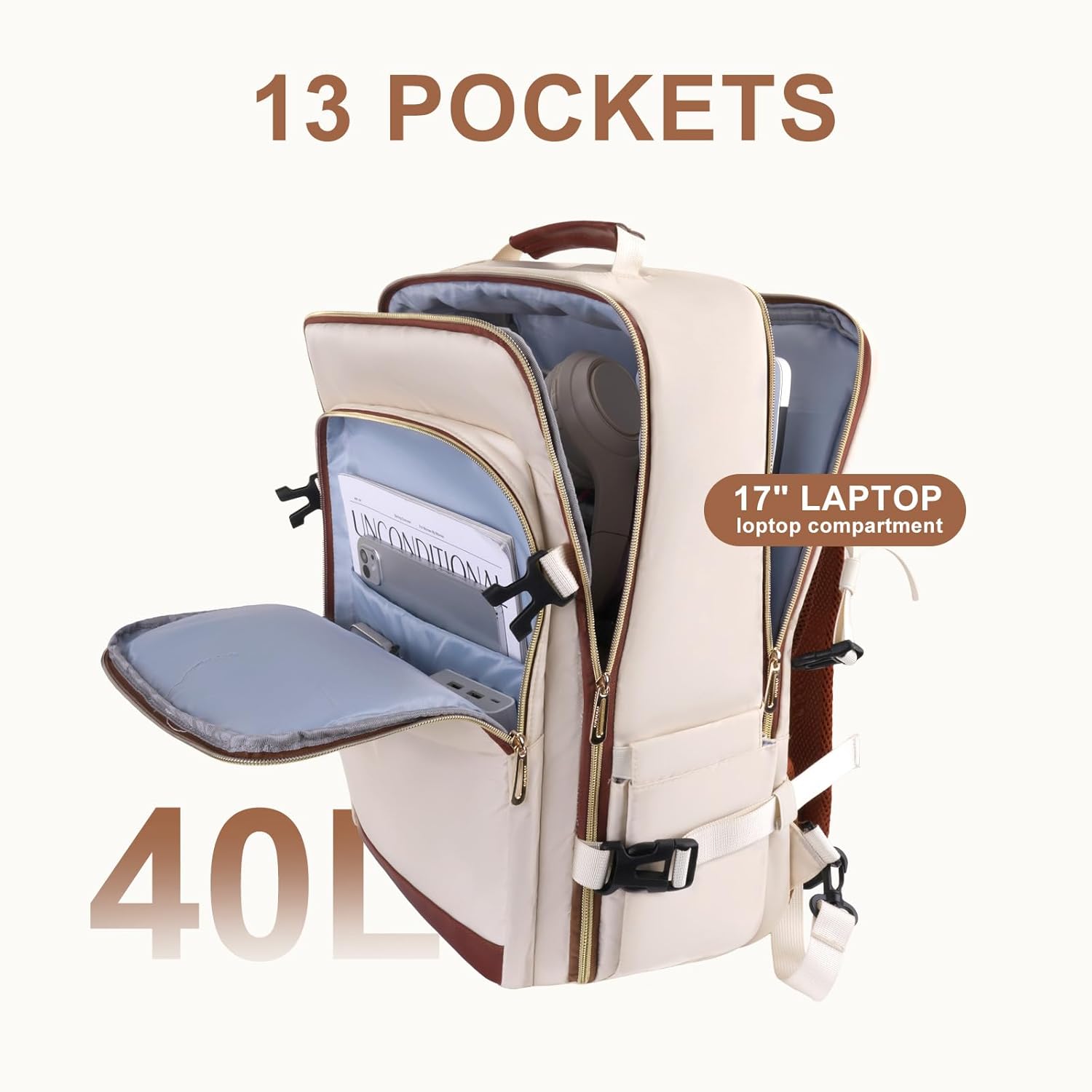 MOSISO 40L Travel Backpack for Women&Men, Flight Approved Carry on Daypack with USB Charging Port&2 Packing Cubes&Shoes Compartment, 17.3 inch Laptop Backpack for Office Work Travel Essentials, Beige - Image 3