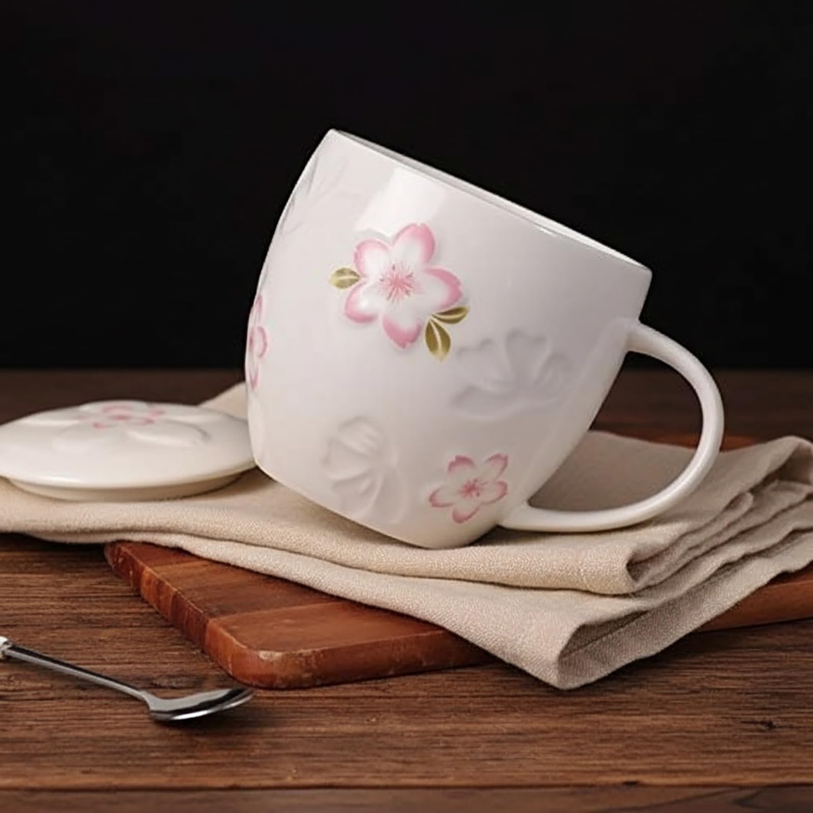 Ceramiczny kubek do kawy i herbaty, łyżka, pokrywka, ręcznie wykonany wzór kwiatu wiśni, kubek dla kobiet, dziewcząt, żony, mamy, babci, 370 ml (biały)
