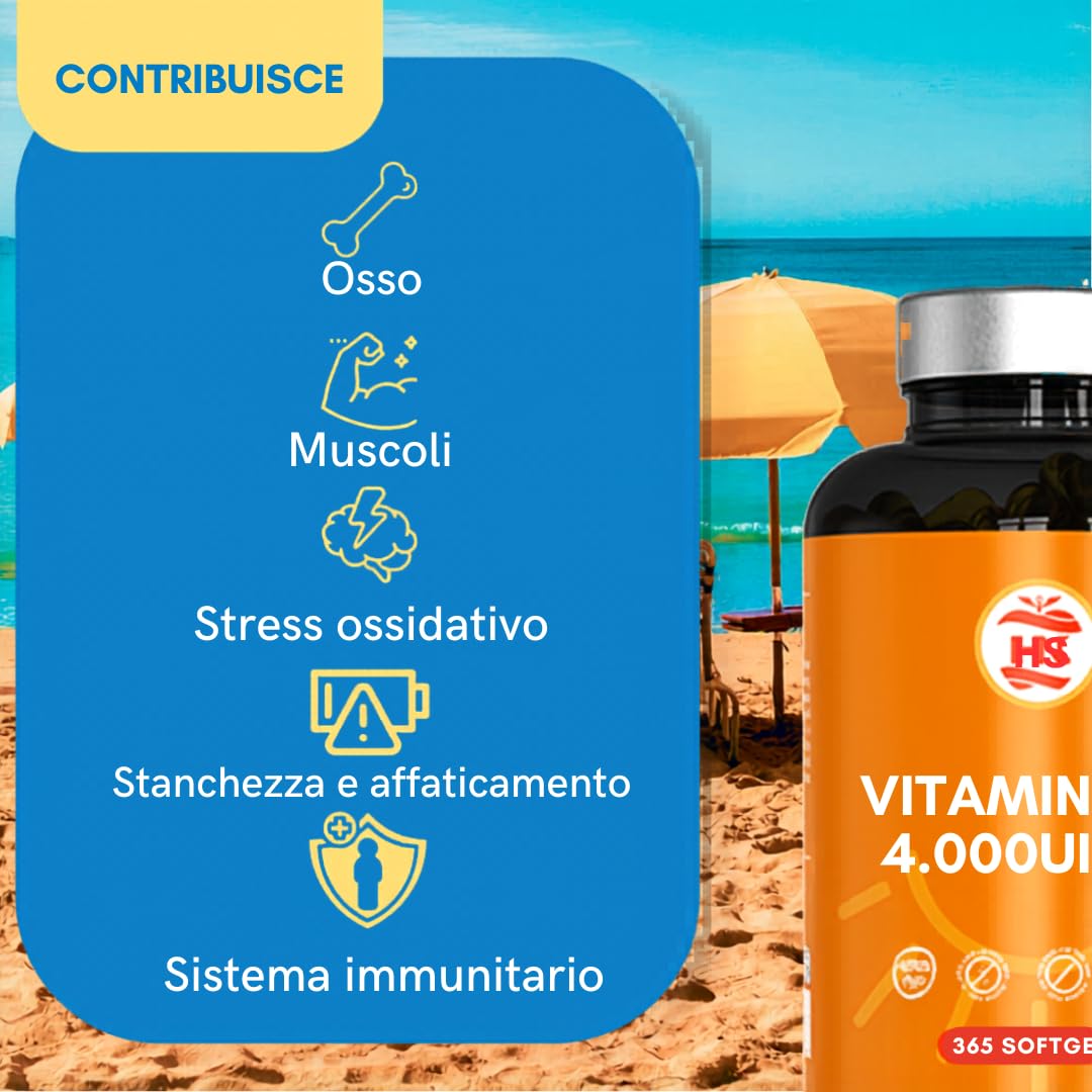 Vitamina D3 K2 (4000 UI) di Alto Dosaggio Vitamina D Supporta alla funzione immunitaria e ossea Integratore Vitamin D3 + K2 altamente concentrata per regolare il metabolismo del calcio 365 Compresse