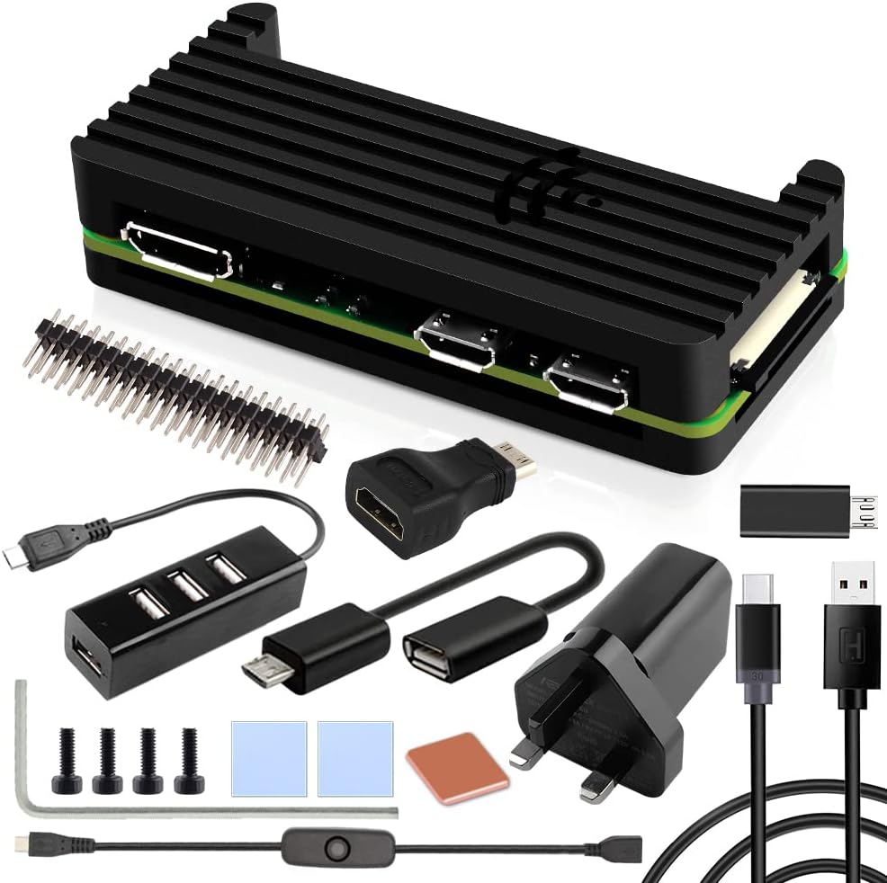 Case Kit for Raspberry Pi Zero 2 W/Zero W,with Zero 2 W Aluminum Passive Cooling Case,QC3.0 Quick Charger Power Supply,Heatsink,20Pin GPIO Header,4 Port USB Hub,ON/Off Switch Cable (Black)