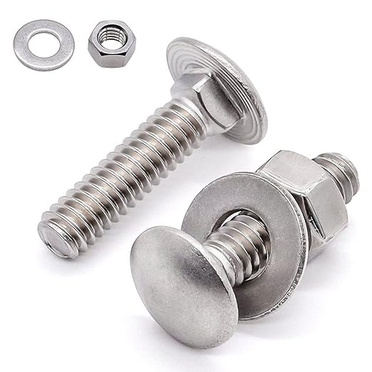 Glvaner (10 Sets) 1/4-20 x 1 Stainless Steel Carriage Bolts Screws Round Head Square Neck and Hex Nuts & Flat Washers 304 Stainless Steel 18-8 Full Thread Coverage