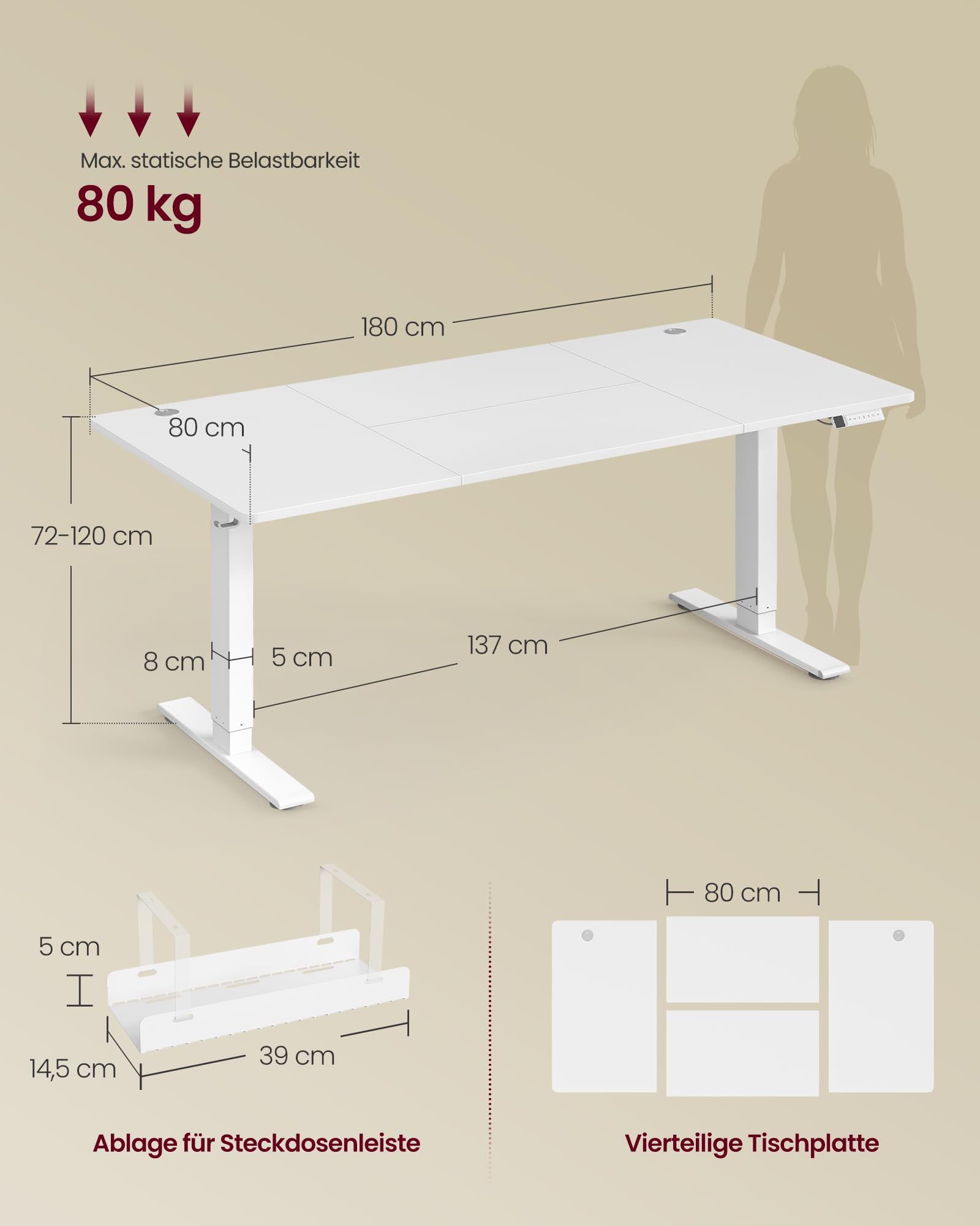 VASAGLE Höhenverstellbarer Schreibtisch, 180 x 80 cm, USB-C-Anschluss, Ablage für Steckdosenleiste, Stehtisch, Erinnerung bei langem Sitzen, 3 Speichertasten, für Büro, mattweiß LSD148WZ02
