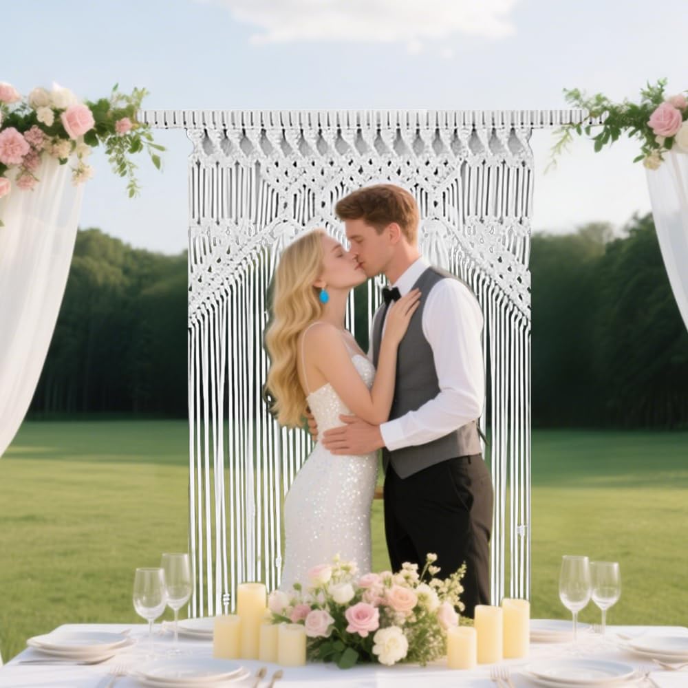 Rideau de porte en macramé fait à la main - 72 x 190 cm - Style bohème - Décoration de fenêtre - Chambre à coucher - Tenture murale pour maison - Rideaux de fenêtre - Mariage - Beige