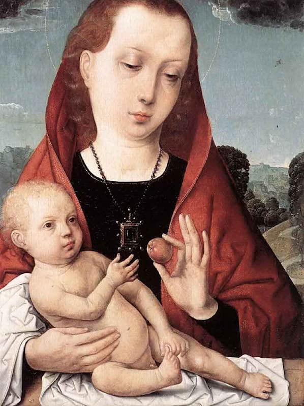Tableau Vierge à l'enfant devant un paysage affiche impression déco murale