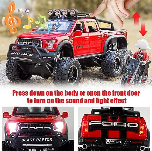 Image of ARNIYAVALA Toy Pickup Trucks for Boys F150 Raptor Diecast Metal Model Car with Sound&Light for Kids Age 3 Year&Up Red