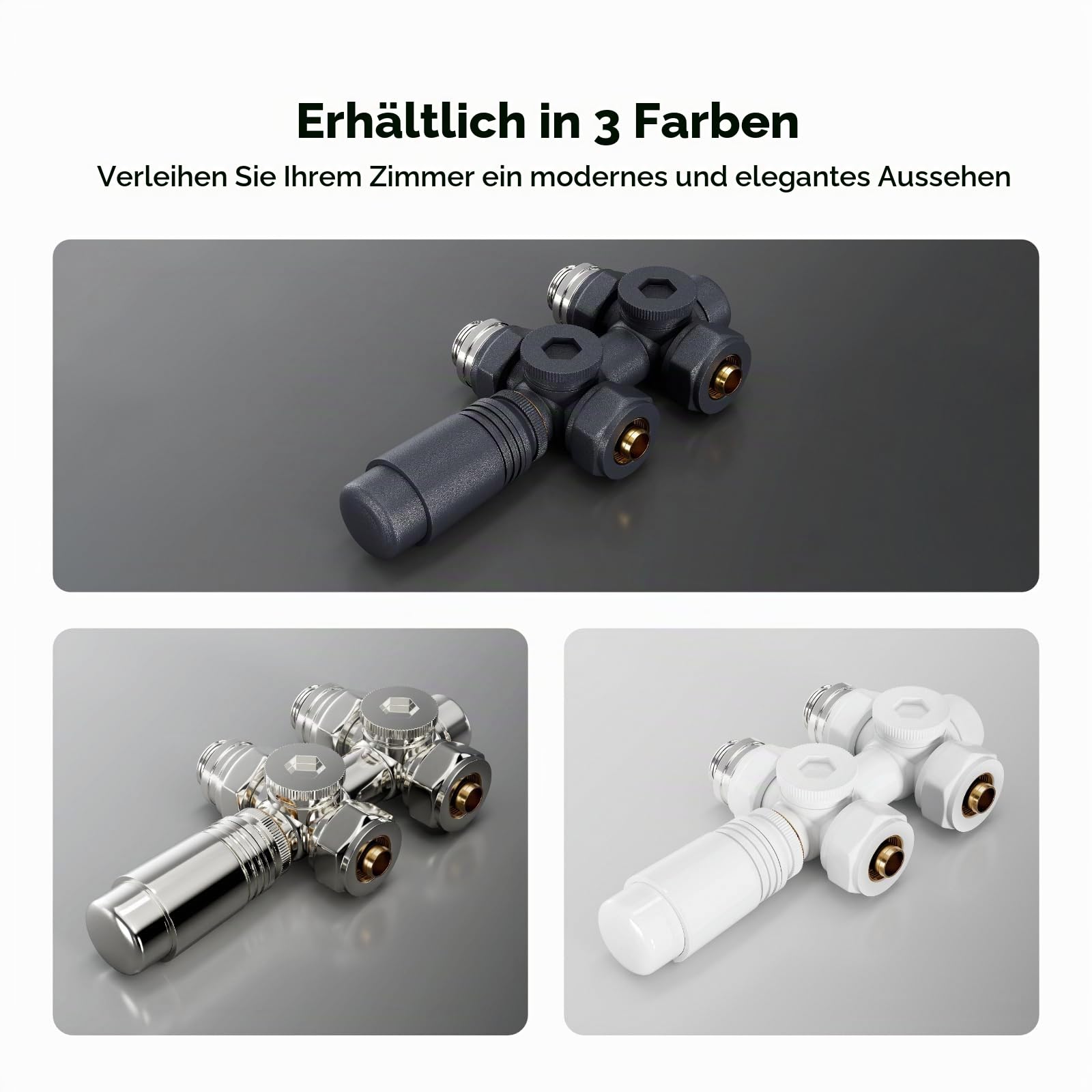 Heilmetz Multiblock Set für Heizkörper Anschlussarmatur mit Thermostat 50mm Ventil-Armaturen Heizungszubehör Eck- und Durchgangsform Anthrazit Wandanschluß Anschlußgarnitur (16mm, 1 Stück)
