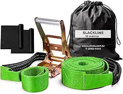 Slackline Verde + Cinta 10 metros Catraca + Alças + Protetores + Bolsa de 2 Ton