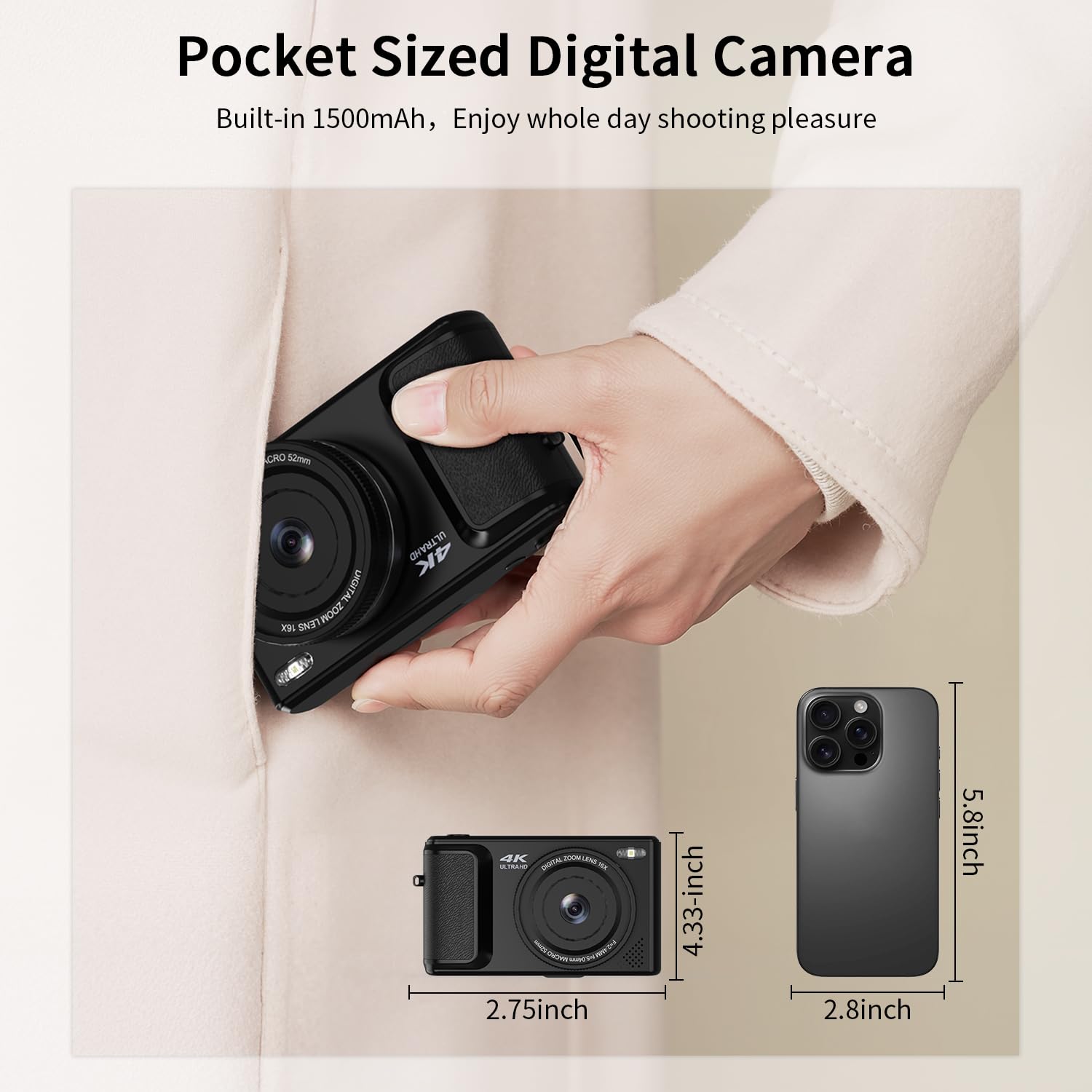 ARNSSIEN Aparat cyfrowy 4K z obrotowym ekranem 180°, kompaktowy aparat 2,8 cala z zoomem 16X, wygodny design podróżny, wbudowana bateria 1500mAh do 2-godzinnego nagrywania, Y1