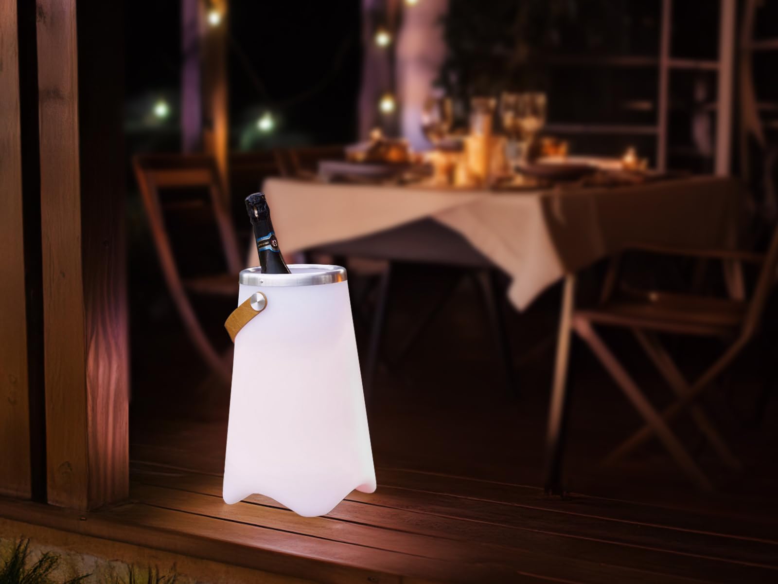 meineWunschleuchte 3in1 LED Leuchte CALLOON mit Bluetooth Lautsprecher und Fernbedienung – RGB Farbwechsel & Flaschenkühler mit praktischem Ledergriff, Höhe 50cm- für Indoor & Outdoor (IP44)