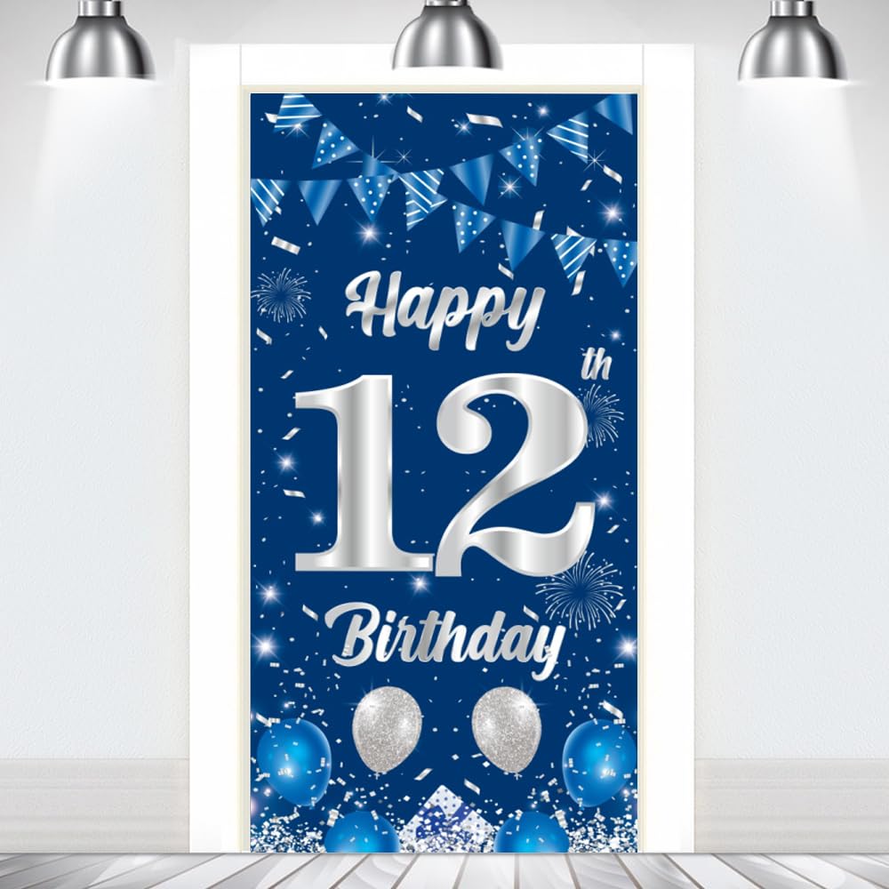 Happy 12th Birthday Decorations Door Banner Backdrop Blue Birthday Decorations Boys Girls 12 Years Old Door Background Banner Outdoor Indoor Party Supplies Photo Props Booth Decor Supplies180ร90cm ๏ปฟ