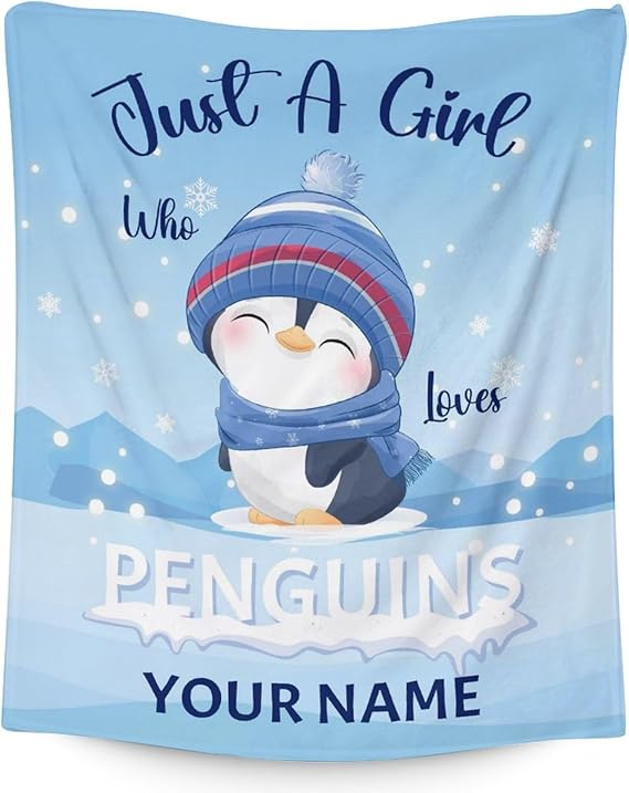 Custom Penguin Blankets with Name - Soft Warm Blanket Throw for Kids, Adults - 50"x60" Flannel Blankets for Bed, Couch, Sofa - Blue Cute Blanket Gifts