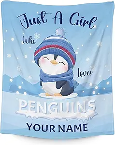Custom Penguin Blankets with Name - Soft Warm Blanket Throw for Kids, Adults - 50"x60" Flannel Blankets for Bed, Couch, Sofa - Blue Cute Blanket Gifts