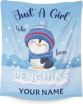Custom Penguin Blankets with Name - Soft Warm Blanket Throw for Kids, Adults - 50"x60" Flannel Blankets for Bed, Couch, Sofa - Blue Cute Blanket Gifts