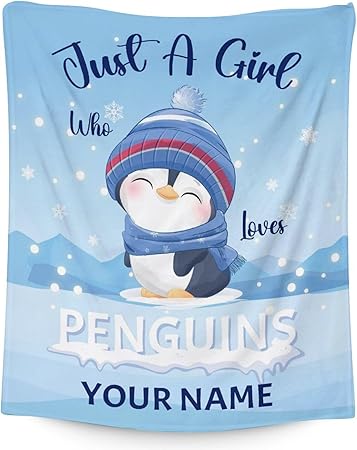 Custom Penguin Blankets with Name - Soft Warm Blanket Throw for Kids, Adults - 50"x60" Flannel Blankets for Bed, Couch, Sofa - Blue Cute Blanket Gifts
