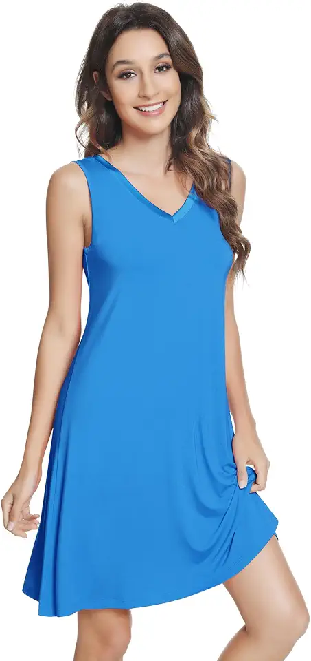 Camisas de dormir femininas de viscose feitas de bambu, sem mangas, camisas de dormir macias de cetim com gola V, A-capri azul, XGG