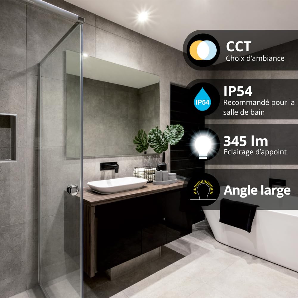 Xanlite Lot de 8 Spots noirs, LED intégrée, CCT, 345 Lumens, équivalence 50W, 3000-4000- 6500 Kelvin, IP54, Noir