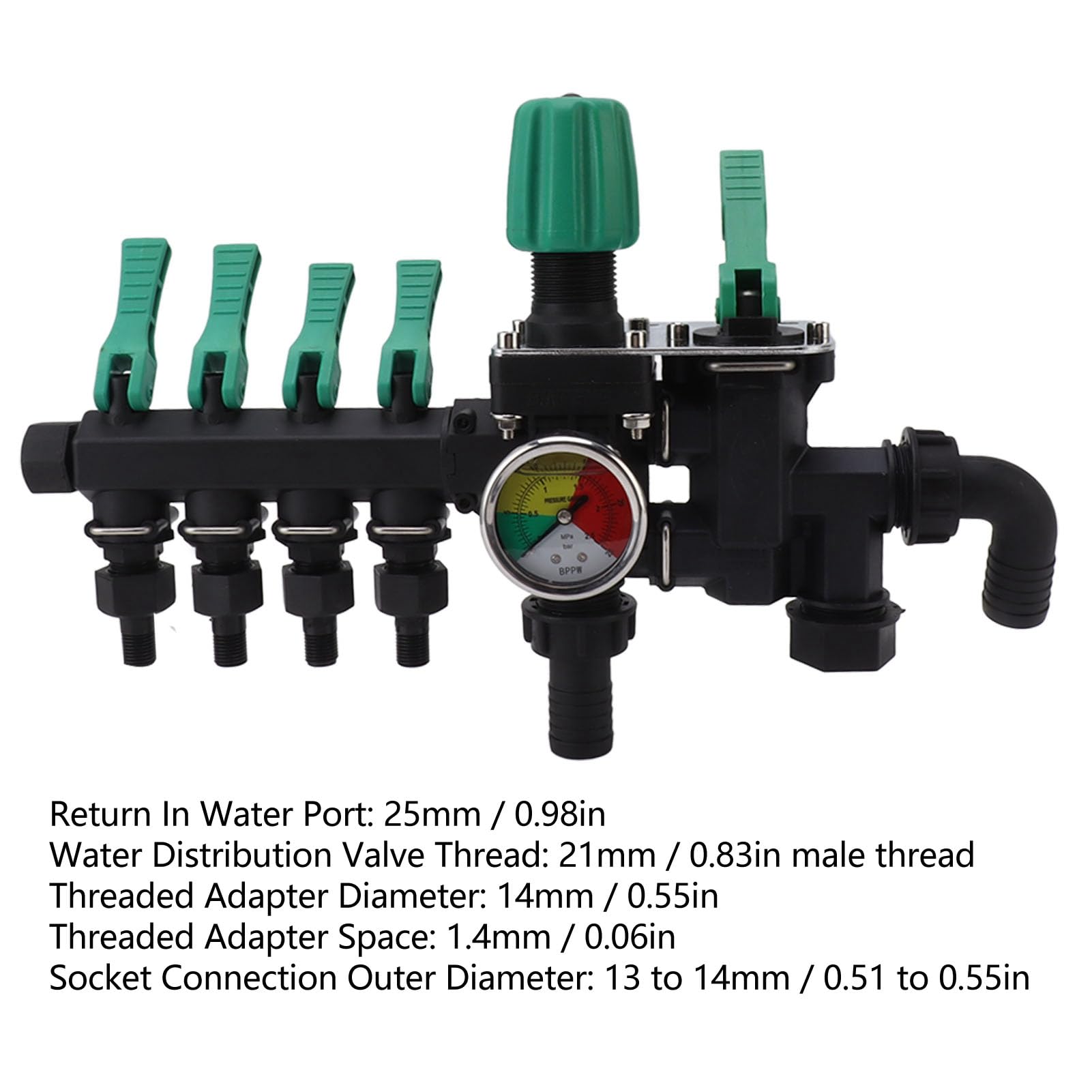 Colectores de Manguera Divisor de Espiga de 4 vías Válvula de distribución de Agua Duradera Resistente a la oxidación con interruptores Independientes y manómetro para Granja,