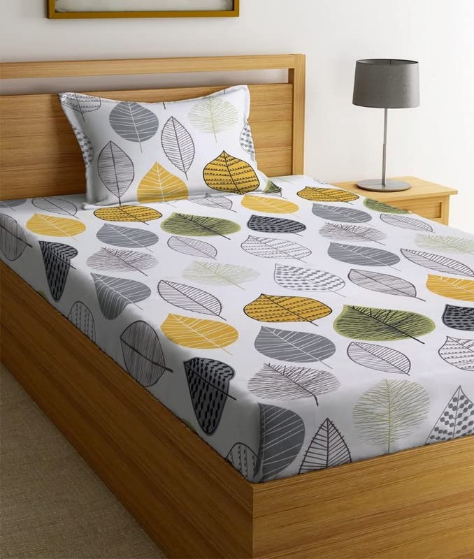 Image of NHD HOME Premium Glace Cotton 180 TC Flat Single Bedsheets for Summer Breathable | Wrinklefree (Size-60 X 90 Inch) with 1 Pillow Covers (Size-17 X 27 Inches, White Green Leaf Printed)