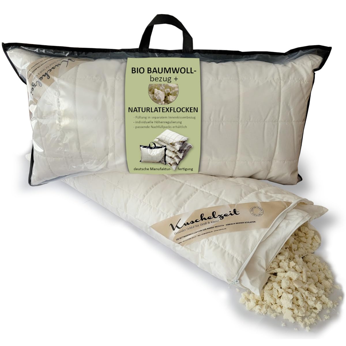 Höhenverstellbares Naturlatex-Flocken Nackenstützkissen in 40x80 cm mit separatem Innen-Kissen und unterstepptem KBA Bezug aus 100% Baumwolle - Made in Germany