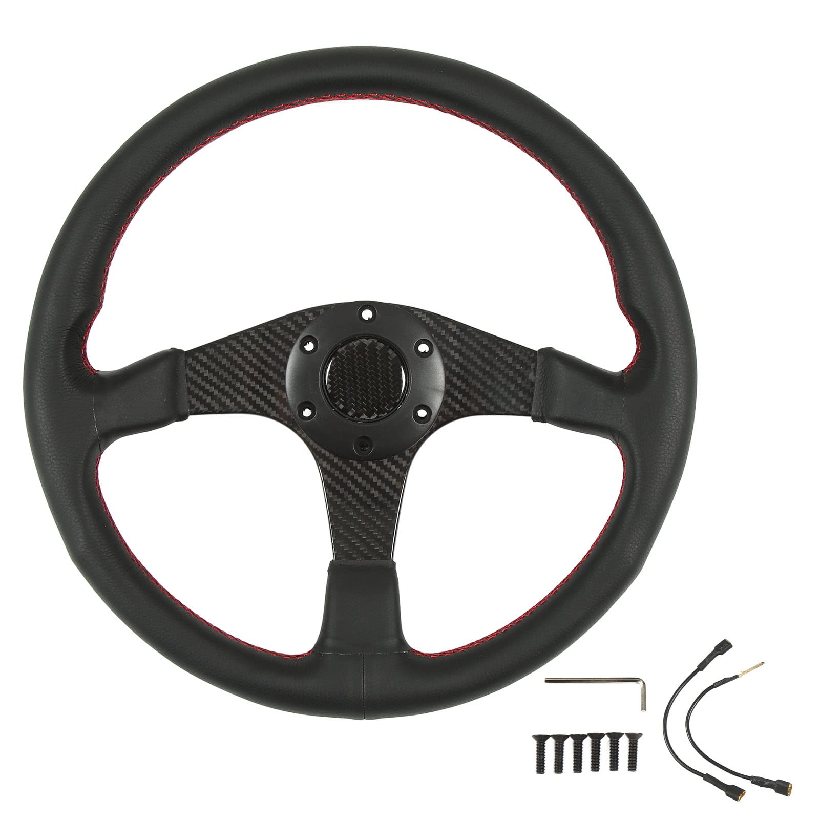 Yosoo Health Gear Kierownica Samochodowa, Kierownica Wyścigowa z Włókna Węglowego 350 Mm ze Skórzanym Uchwytem Czerwone Przeszycia 6 Otworów Uniwersalna dla Kierowców Pojazdów Codzienna Aktualizacja