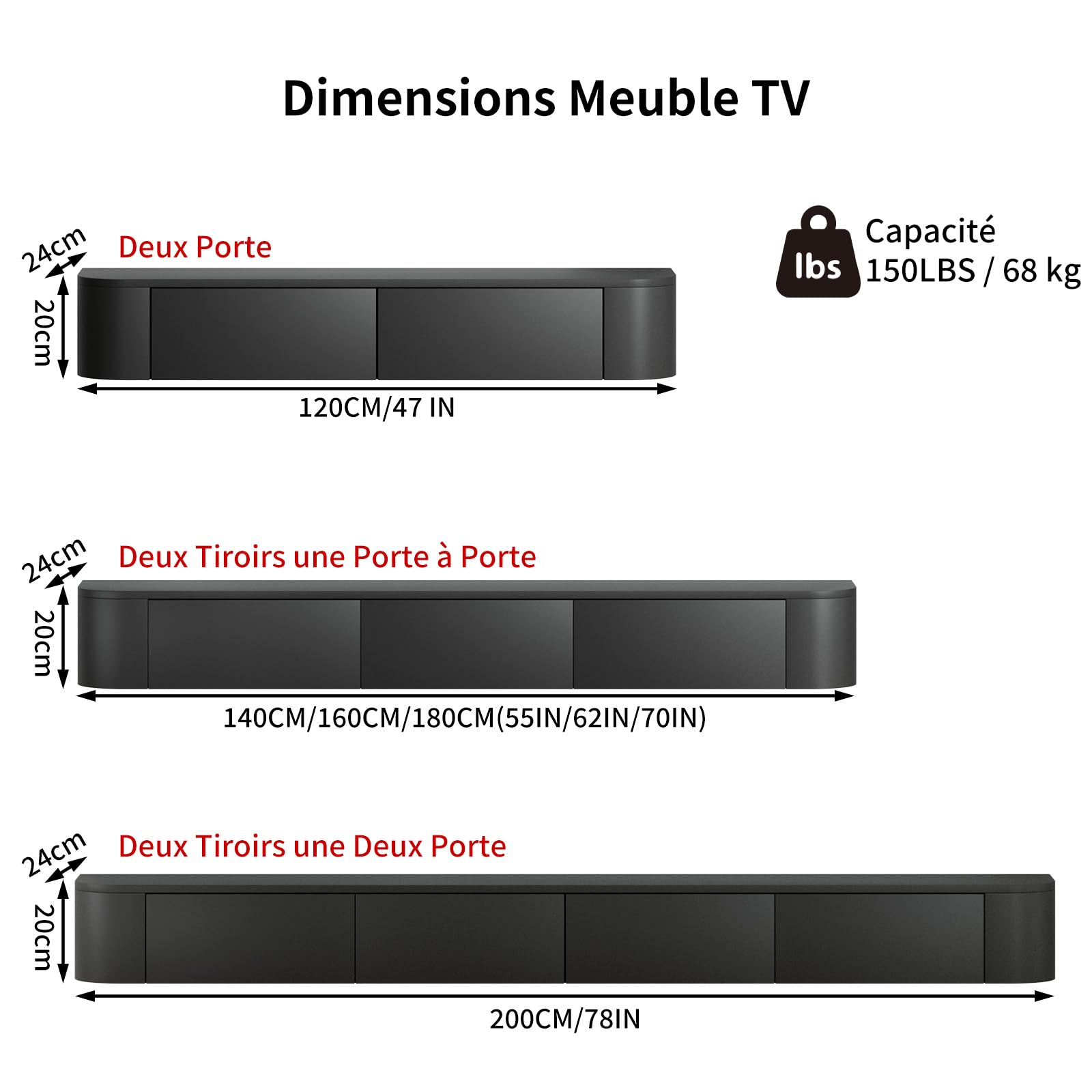 Meuble TV Suspendu 140 Cm Meuble TV Mural avec Rangement de Grande Capacité Table TV Multimédia TV Console Meuble avec Portes et Tiroirs pour Chambre Salon, Noir