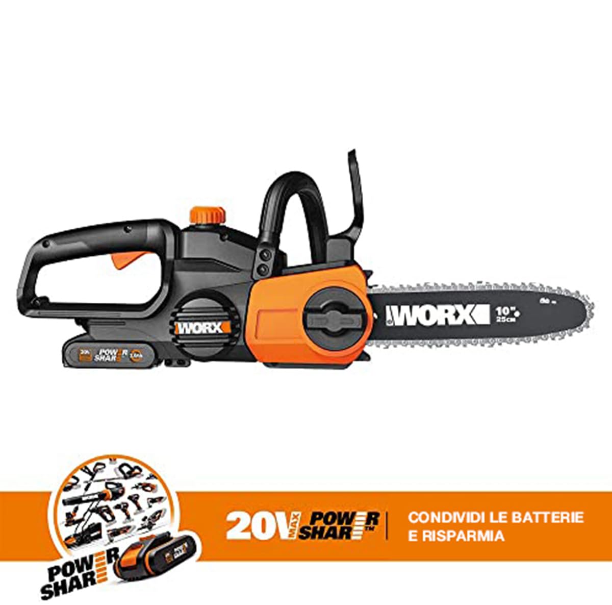 WORX WG322E.9 Motosega elettrica da potatura e giardino a batteria 20V, Diam. 25 - Solo utensile