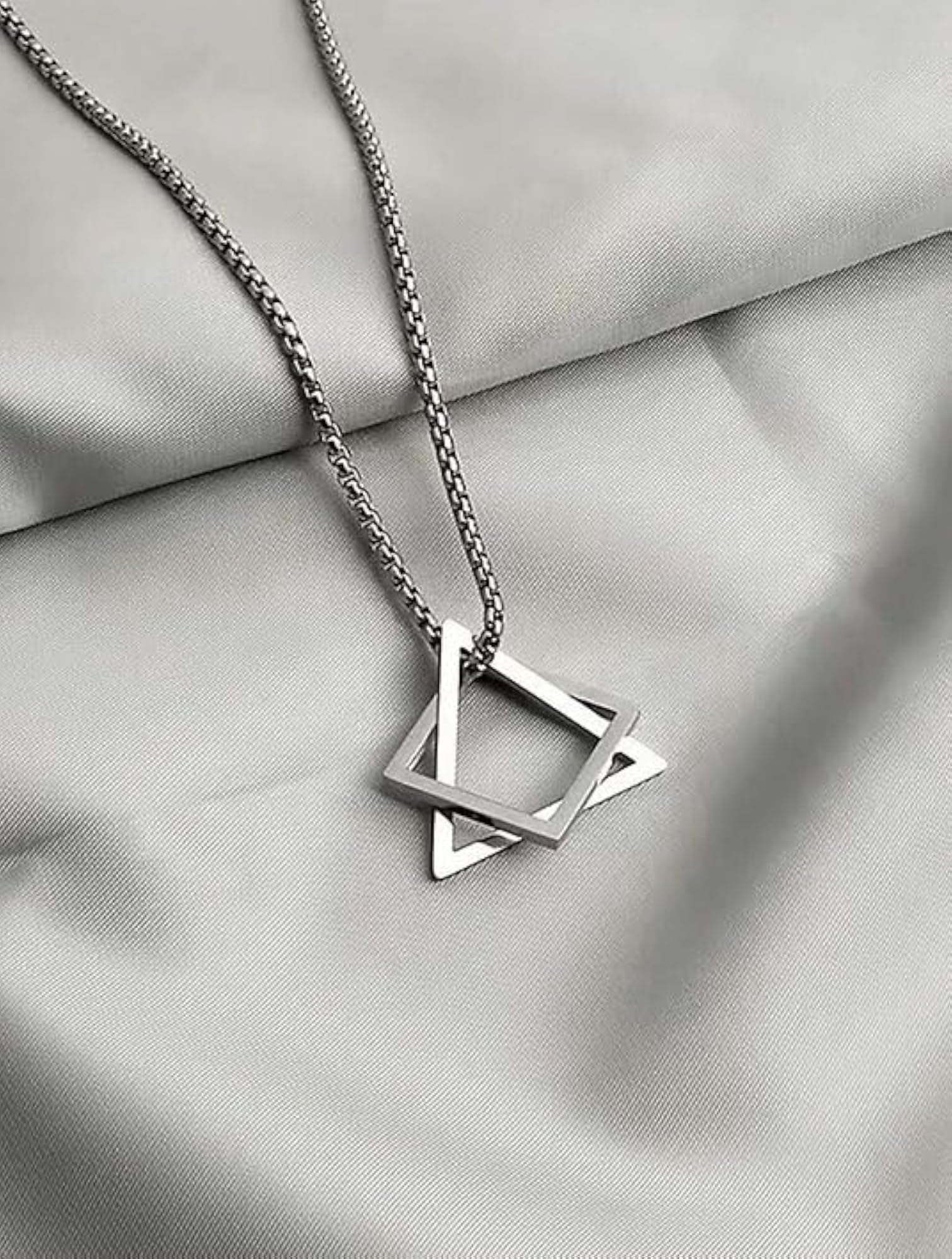 Unisex Geometric Square Hip-Hop Necklace, Silver Plated