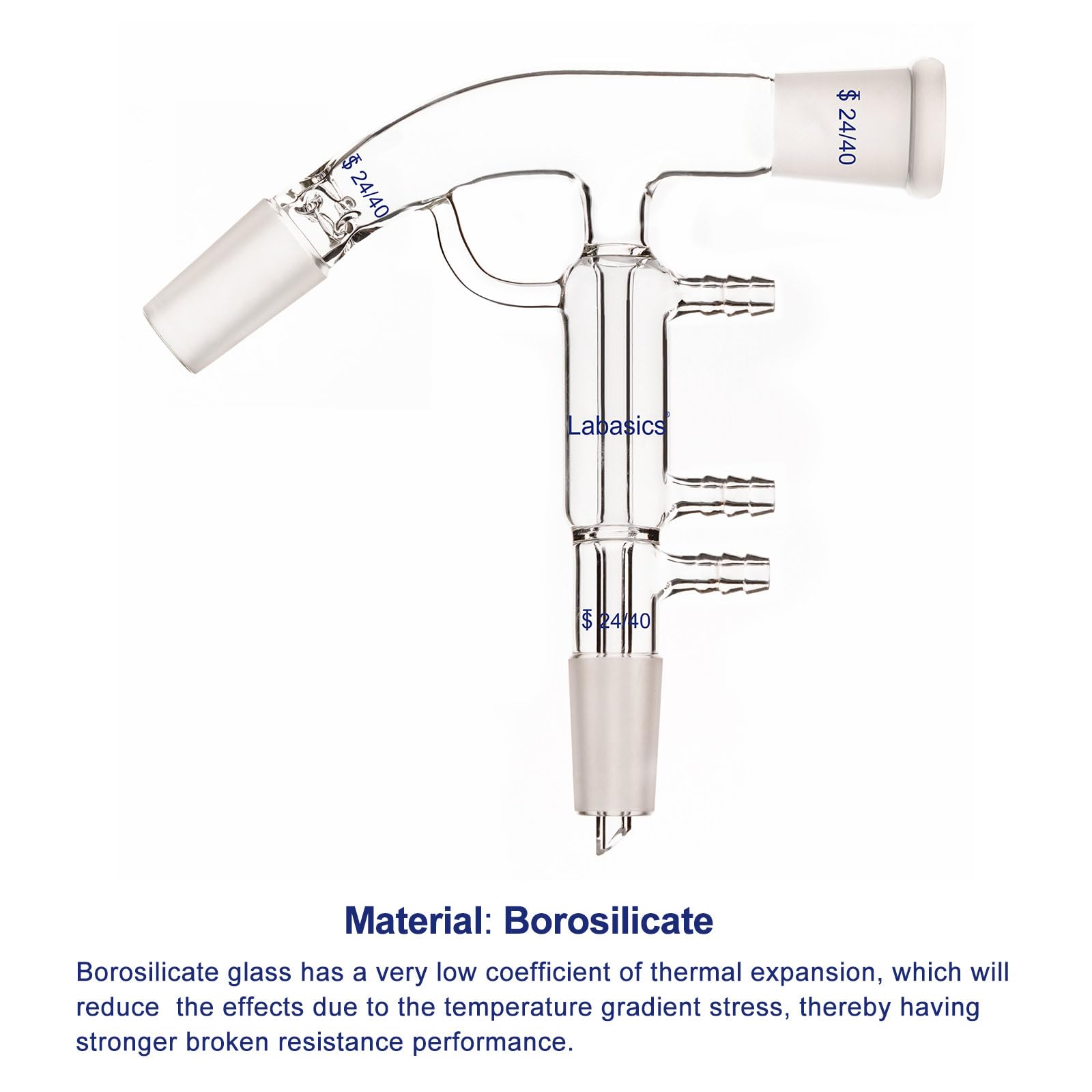 Labasics Adaptateur Distillation à Chemin Court, Verre Borosilicaté, Joint 24/40, Connexions Tuyau 10 mm, Résistant aux Produits Chimiques pour Usage en Laboratoire