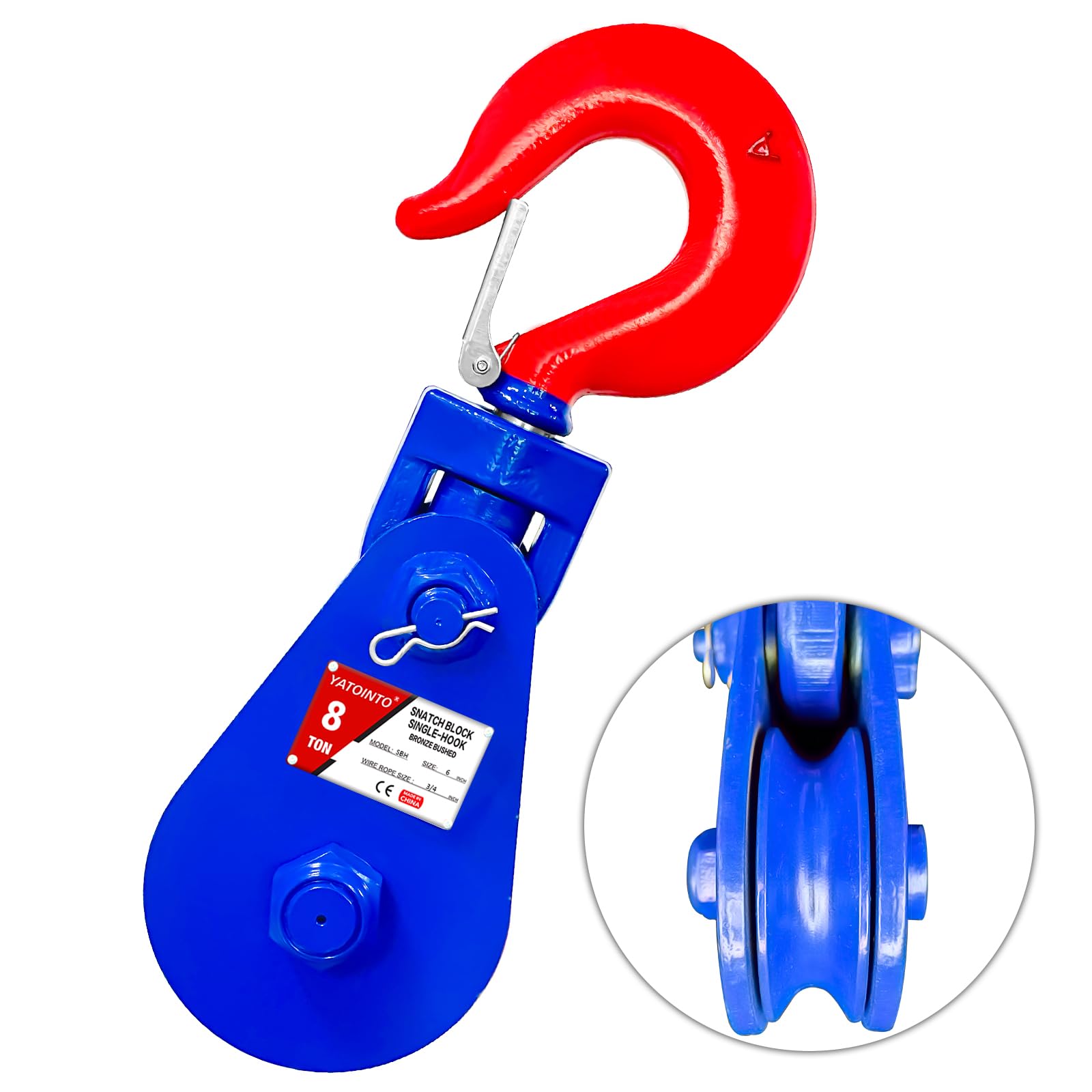 8 ton Snatch Block with Hook, 6" Sheave 3/4" Inch Wire Rope Snatch Block, 17,600lbs Snatch Pulley for Rollback Wrecker Car Hauler Winch